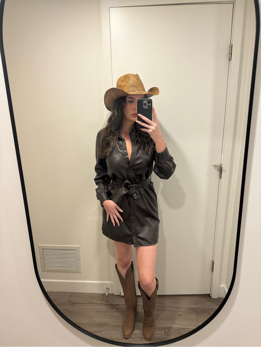 Yeeehaw 🤠🤠Faux Leather Shirt Dress with Belt - Dark Brown wilfred